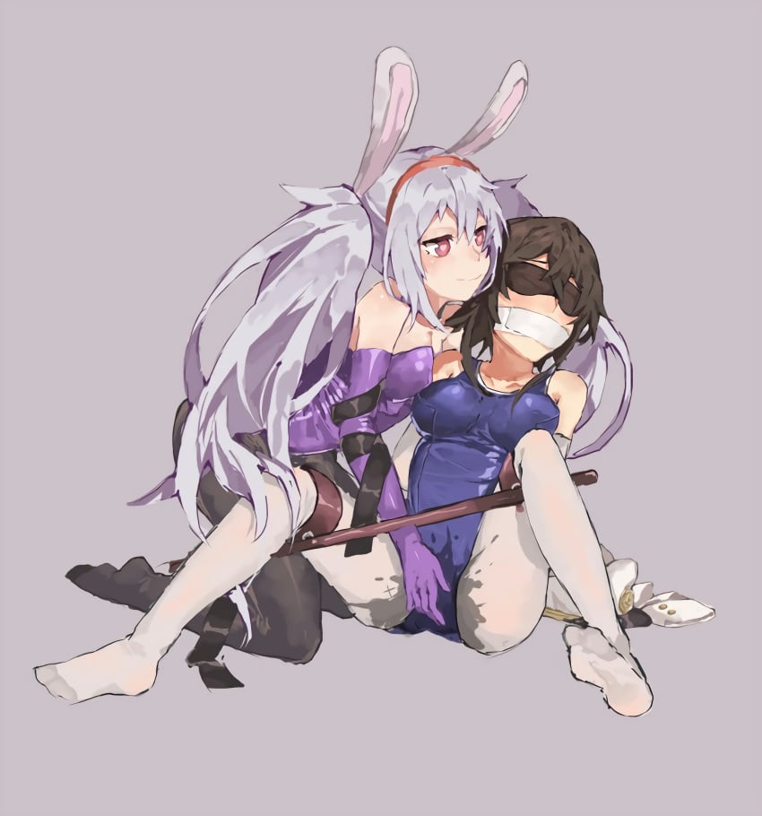 2girls amiba_(amiba00638239) azur_lane black_hair blindfold bondage bunny_ears bunnysuit forced_orgasm gag gagged laffey_(azur_lane) molestation multiple_girls restrained school_swimsuit spreader_bar tape tape_gag taped_mouth white_hair white_tape yuri