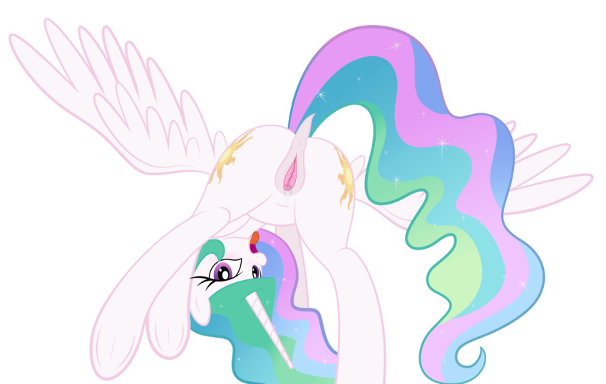 2017 alicorn alpha_channel animal_genitalia animal_pussy anus ass clitoral_winking clitoris cutie_mark equine equine_pussy feathered_wings feathers female feral friendship_is_magic hair horn looking_at_viewer looking_back mammal multicolored_hair my_little_pony princess_celestia_(mlp) purple_eyes pussy rainbownspeedash royalty seductive simple_background solo transparent_background white_feathers wings