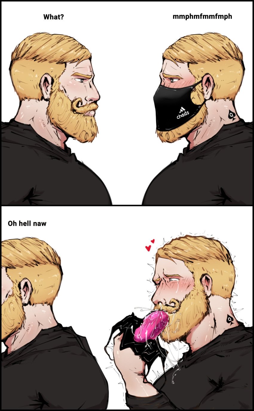 2boys bara beard black_clothes black_clothing black_hoodie blonde_eyebrows blonde_hair blush blushing chad clothed dialog dildo dildo_mask dildo_reveal drool face_mask facemask facial_hair gag gagged_speech gagging gay grey_eyes heart hoodie human male male_only manly mature_male meme muffled muscular_male mustache no_females nordic_chad paldraws pecs pink_dildo queen_of_spades sex_toy tears tears_of_pleasure text wojak_comics