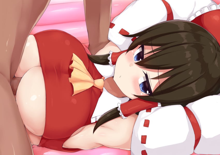 1boy armpits ascot black_hair blue_eyes blush bow breasts clothed_female_nude_male crop_top detached_sleeves female hairbow large_breasts lying no_bra nude ocha_(ochappie) on_back paizuri penis red_bow reimu_hakurei ribbon-trimmed_sleeves ribbon_trim solo_focus straight touhou underboob yellow_neckwear