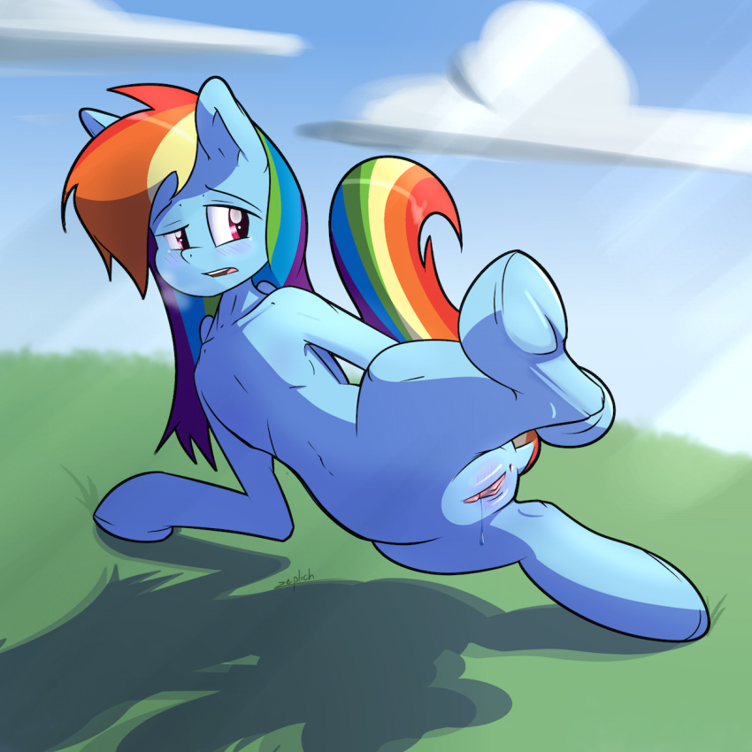 anus equine female friendship_is_magic hooves mammal my_little_pony pegasus presenting pussy rainbow_dash_(mlp) simple_background solo straight_hair wings zeplich