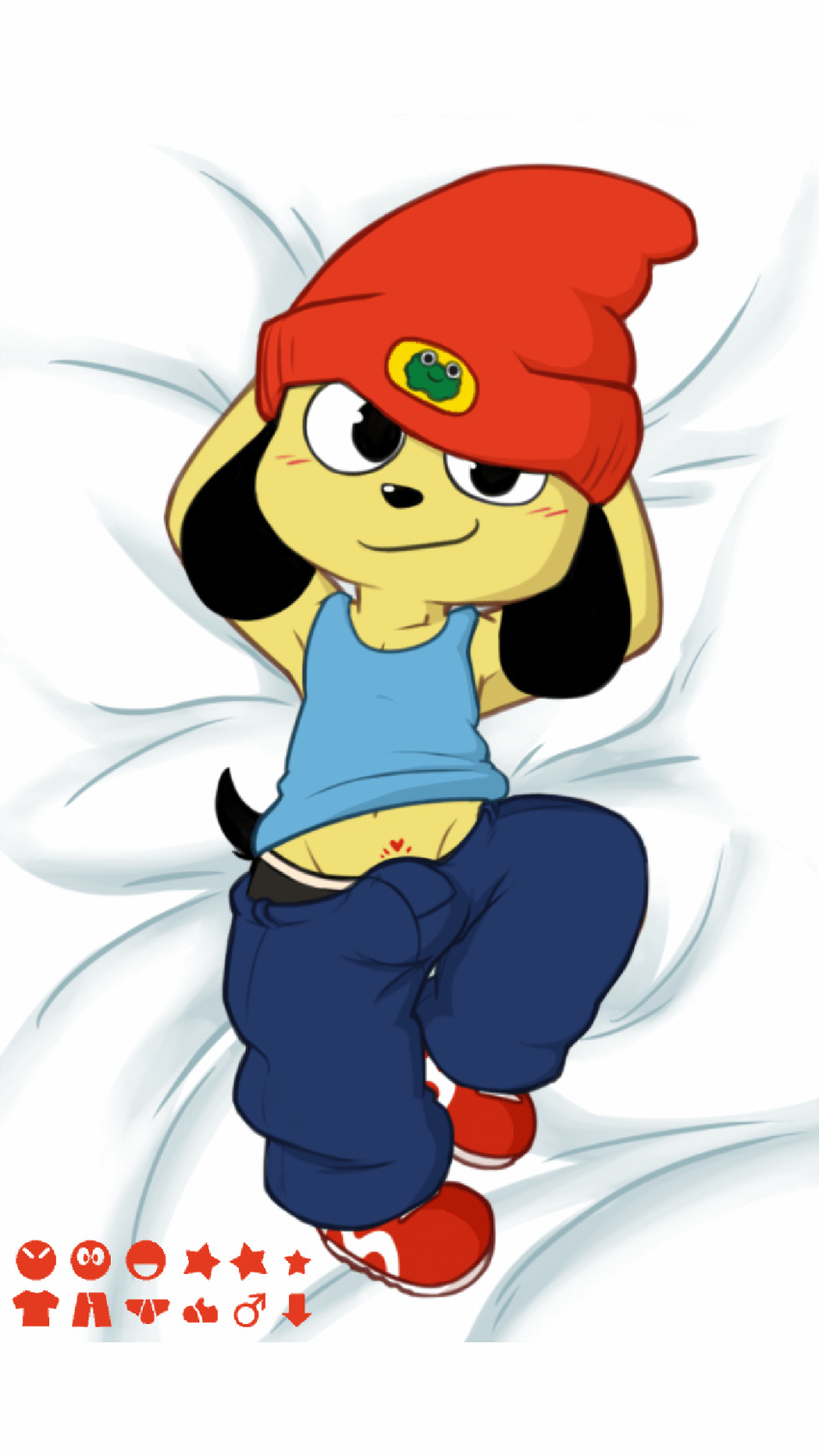 animated clothing footwear hands_behind_head male_only pants parappa parappa_the_rapper penis shoes smile tan_skin toque video_games