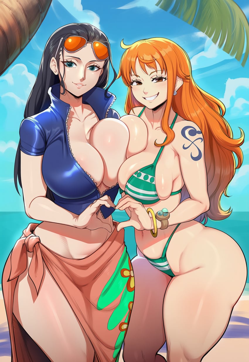 2girls ai_generated beach black_hair dijiai female female_only hair light-skinned_female light_skin long_hair nami_(one_piece) nico_robin one_piece orange_hair