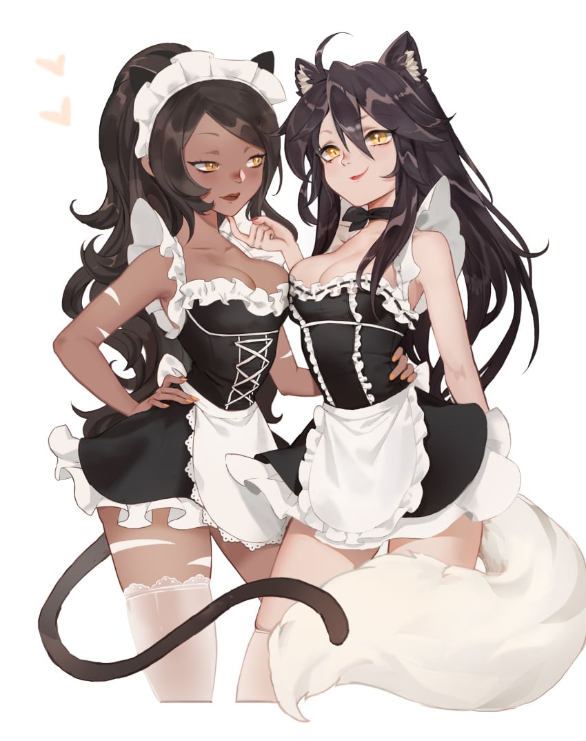 2girls 9_tails ahri big_breasts black_hair cat_tail dark-skinned_female dark_skin duo_female duo_focus fox_ears fox_girl fox_tail french_maid french_maid_nidalee hair_tied league_of_legends light-skinned_female light_skin love_heart love_hearts lovehearts maid_headdress maid_outfit maid_uniform nidalee nine_tailed_fox ninem orange_eyes orange_eyes_female ponytail possible_yuri riot_games simple_background stockings suggestive_gesture suggestive_look the_grind_series tribal_markings tribal_tattoo tribal_tattoos vastaya white_background