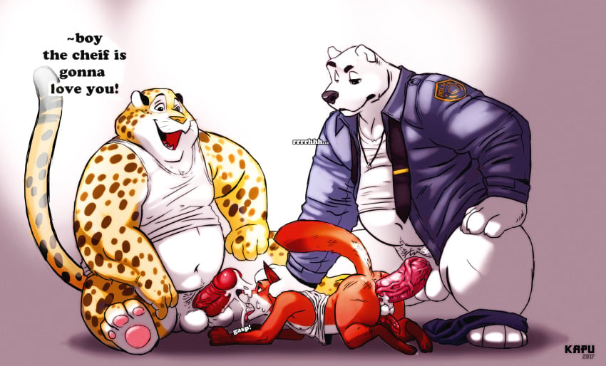 3boys absurdres anal anal_sex anthro balls bear benjamin_clawhauser canine cheetah clothing cum disney feline fox furry gay group group_sex highres male male_only mammal mazemore nick_wilde penetration penis polar_bear sex threesome yaoi zootopia