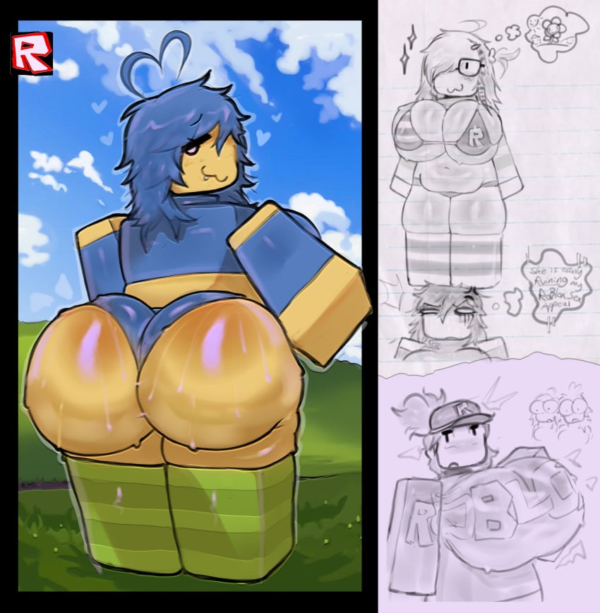 2026 :3 ahoge ass ass_focus big_ass big_breasts blocky_body blue_hair clothed clothing color eyebrows_visible_through_hair female glasses guest_(roblox) heart-shaped_ahoge hearts_around_head huge_ass huge_breasts large_ass large_breasts looking_at_viewer looking_back navel noob one_eye_obstructed outdoors roblox robloxian sagaris_uwu sketch standing striped_thighhighs sweat sweating sweaty sweaty_ass thighhighs thought_bubble wide_hips yellow_body yellow_skin
