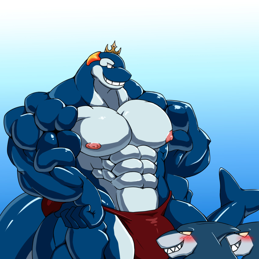 big_muscles blush bulge cetacean clothing crown fish group male male_only mammal marine metaball muscular muscular_male nipples nude orca pecs shark simple_background smile speedo standing swimsuit teeth whale