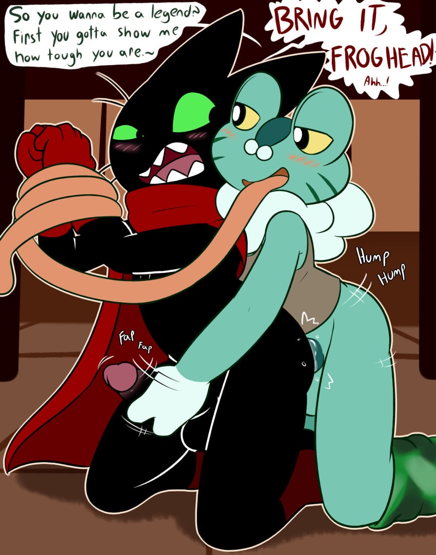2boys absurd_res alternate_color amphibian anal anal_sex anthro anthrofied balls blush clothed clothing comic dialogue duo english_text erection feline felino froakie frog gay handjob hi_res humanoid_hands humanoid_penis long_tongue male male_only male_penetrating mammal mao_mao:_heroes_of_pure_heart nintendo nude open_mouth original_character penetration penis pokémon_(species) pokemon pokemon_(species) pokemon_xy reach_around sex sheriff_mao_mao_mao text tongue tongue_out video_games yaoi
