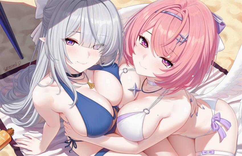 2girls beach big_breasts bikini blue_bikini blue_swimsuit breast_squeeze breasts cleavage colored_nails female female_only highres hoyoverse large_breasts long_hair long_nails mature_female mihoyo multiple_girls painted_nails pink_hair purple_eyes remielle_(zenless_zone_zero) remielle_dan satomi_(745684552) swimsuit velina_(zenless_zone_zero) velina_airgid white_bikini white_swimsuit white_wings wings zenless_zone_zero
