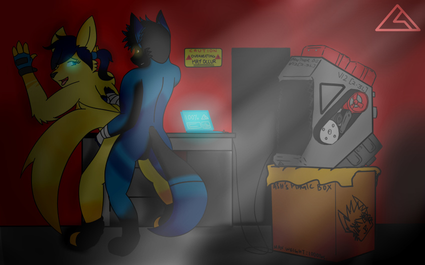 anthro bent_over blue_eyes blue_fur cable canine carrus_(artist) clothing computer digitigrade engine female fox fur gloves hand_wraps laptop legwear male mammal orange_eyes sex simple_background stockings straight table wolf wraps yellow_fur