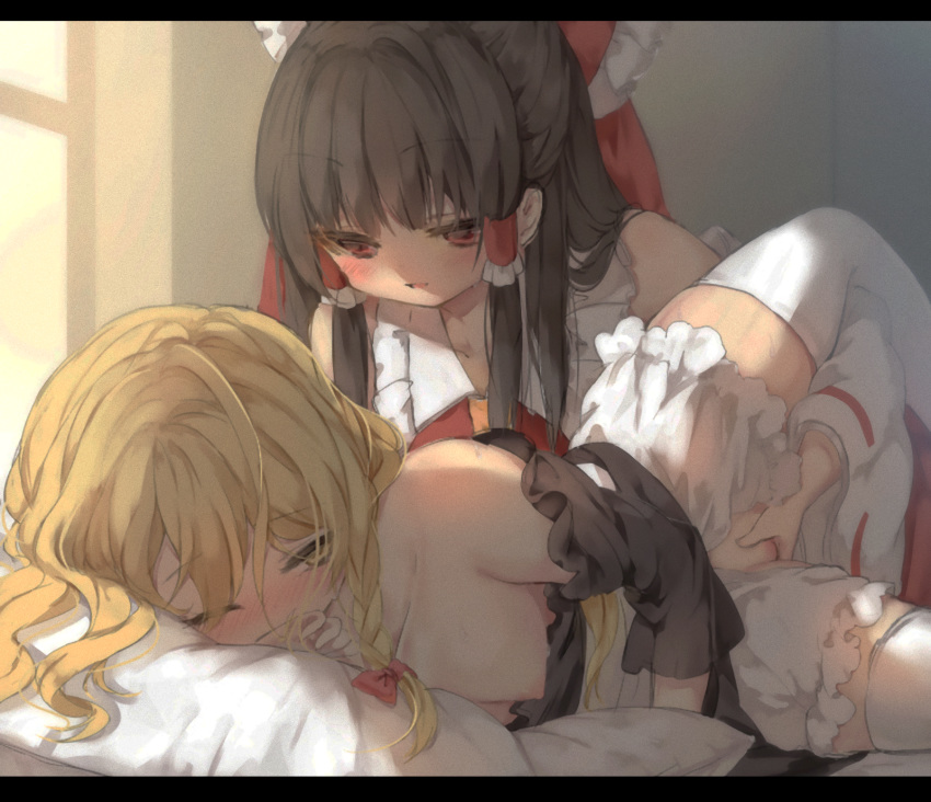 2girls ascot bangs blonde_hair bloomers bloomers_(victorian) blush bow breasts brown_hair detached_sleeves fingering hair_ornament hair_tubes hairbow indoors long_hair marisa_kirisame medium_breasts multiple_girls nipples one_eye_closed pillow piyokichi red_bow red_eyes reimu_hakurei ribbon-trimmed_sleeves ribbon_trim sidelocks smile thighhighs touhou underwear vest white_legwear window yuri