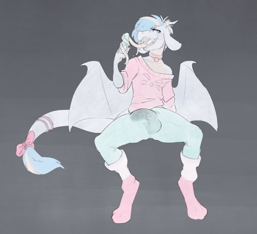 1boy 2017 aeron anthro balls blue_hair bow bulge clothing cosmicminerals crossdressing crossdressing_male dragon femboy food girly hair hi_res horn male male_anthro male_only open_mouth penis popsicle saliva simple_background slobber solo solo_male sweater teeth tongue tongue_out trap wings