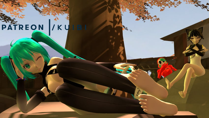 3d 3girls aqua_hair barefoot black_hair cat_ears crossed_legs crossover feet female female_only foot_fetish green_eyes green_hair hatsune_miku hatsune_miku_(append) heart-shaped_pupils kali_belladonna kuibi looking_at_viewer lying mario_(series) multiple_girls nintendo on_side outdoors posing rwby short_hair shy_gal sitting soles source_filmmaker toes tongue tongue_out very_long_hair vocaloid wink