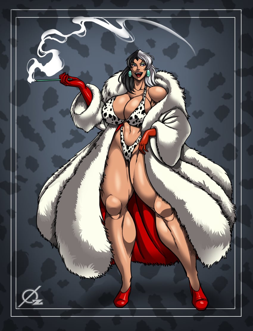 101_dalmatians big_breasts bikini breasts cigarette cigarette_holder cleavage cruella_de_vil disney disney_villains earrings elbow_glove elbow_gloves eyeshadow female fur_coat glove gloves huge_breasts jewelry large_breasts lipstick multicolored_hair muscle muscular_female osmar-shotgun purple_eyes swimsuit two_tone_hair