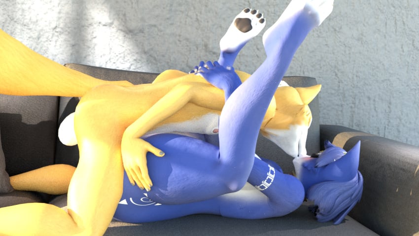 3d anthro ass balls blue_body blue_fur breasts canid canine digital_media_(artwork) duo female fox fox_mccloud fur genitals kiss_on_lips kissing krystal_(dogzeela) krystal_(star_fox) male male/female mammal nintendo sex star_fox vibingbeast yellow_body yellow_fur