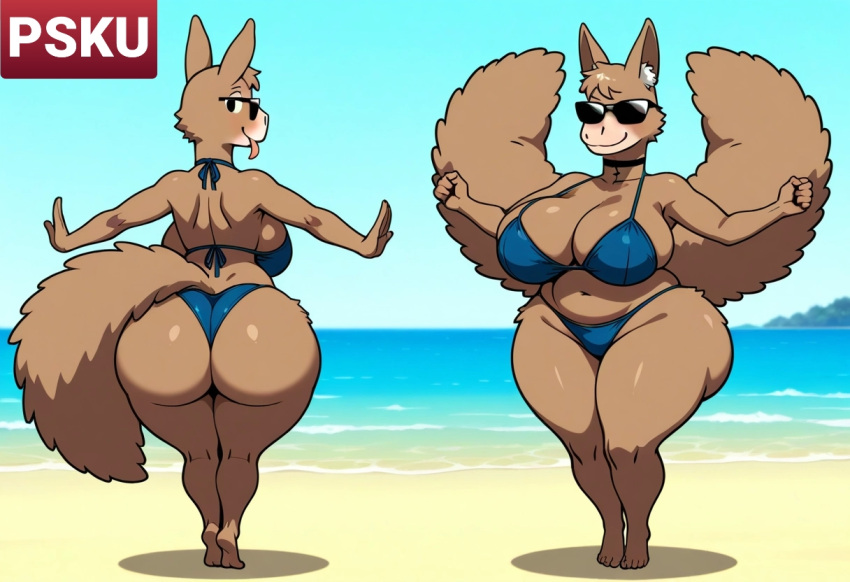 anthro beach big_breasts bikini bikini_bottom bikini_top female female_only llama sunglasses tail wagging_tail