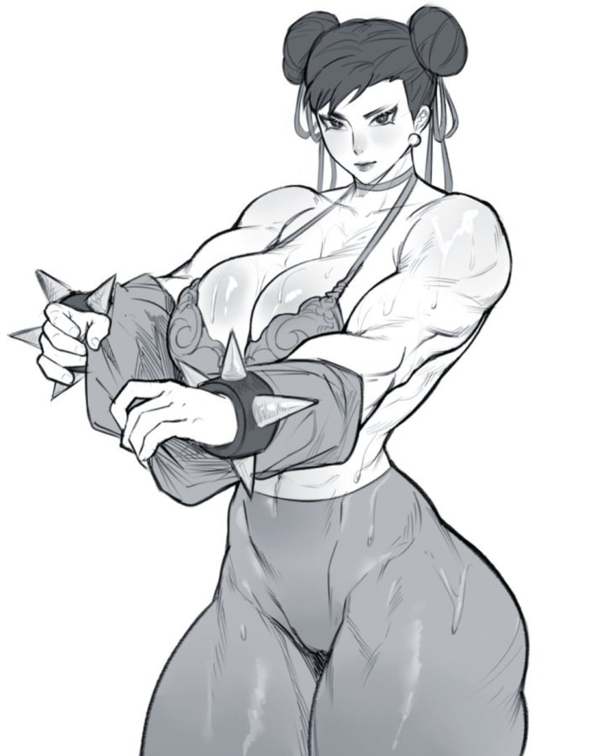 big_breasts bra chun-li looking_at_viewer shamelessfroggy taking_off_shirt thick_thighs white_background