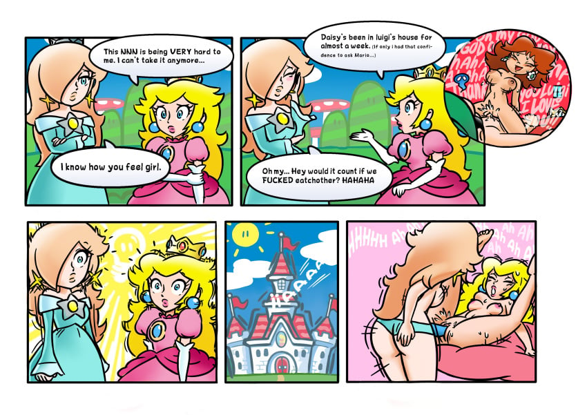 2girls comic domnirch english_text female luigi princess_daisy princess_peach princess_rosalina sex_toy super_mario_bros. text text_bubble yuri yuri