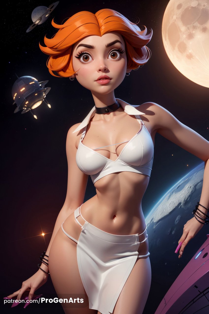 , 1girls ai_generated bikini bracelet breasts breasts_apart brown_eyes choker collarbone cowboy_shot earrings earth_\(planet\) fingernails hanna-barbera hi_res jane_jetson jewelry lips looking_at_viewer medium_breasts moon nail_polish navel nose orange_hair patreon_username pelvic_curtain pink_nails planet progenarts short_hair solo space spacecraft star_\(sky\) swimsuit the_jetsons web_address white_bikini