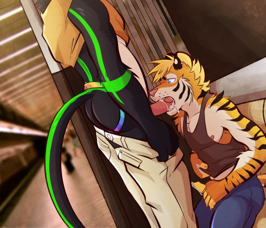 anthro digital_media_(artwork) duo felid fellatio genitals hi_res male male/male mammal masturbation oral pantherine penetration penile penile_penetration penis public public_sex sex sitting standing tail tiger unknown_species ventkazemaru