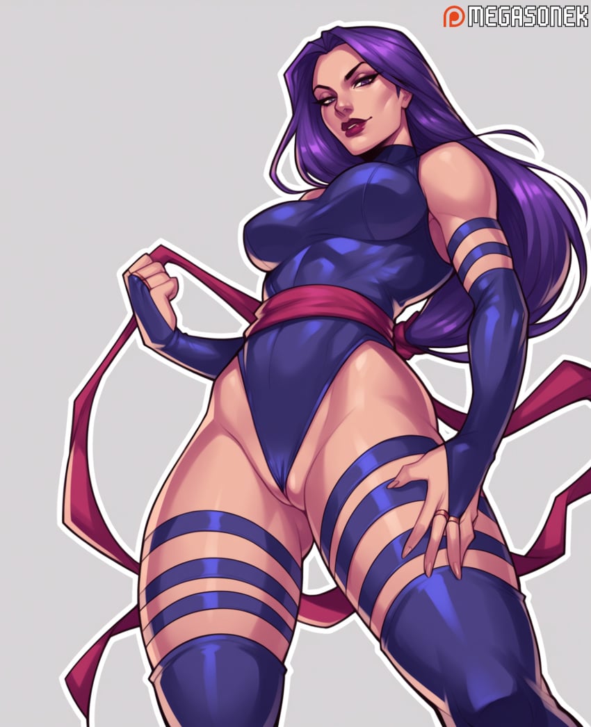 ai_generated bare_shoulders blue_leotard blue_thighhighs breasts bridal_gauntlets female from_below gloves grey_background highleg highleg_leotard large_breasts leotard long_hair looking_at_viewer makeup marvel marvel_comics marvel_rivals megasonek partially_visible_vulva patreon_username psylocke psylocke_(marvel_rivals) purple_eyes purple_hair sash smile solo thighhighs thighs watermark