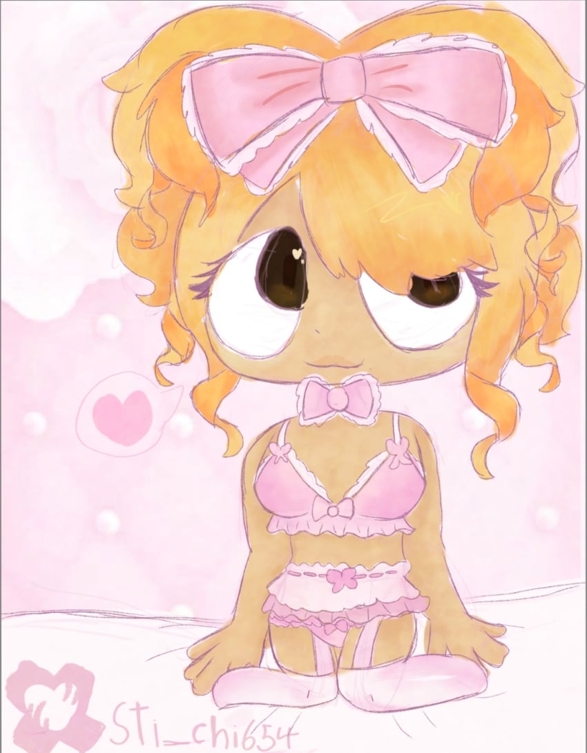 alternative_fashion big_bow big_bow_tie blonde_hair bow_choker choker coochiesex45 cute cutie frills garter_belt_socks gyaru gyaru_gal hands_behind_back heart_symbol hime_gyaru kneeling lashes lingerie looking_at_viewer pink_lingerie silly sti_chi654 tan_body tan_skin