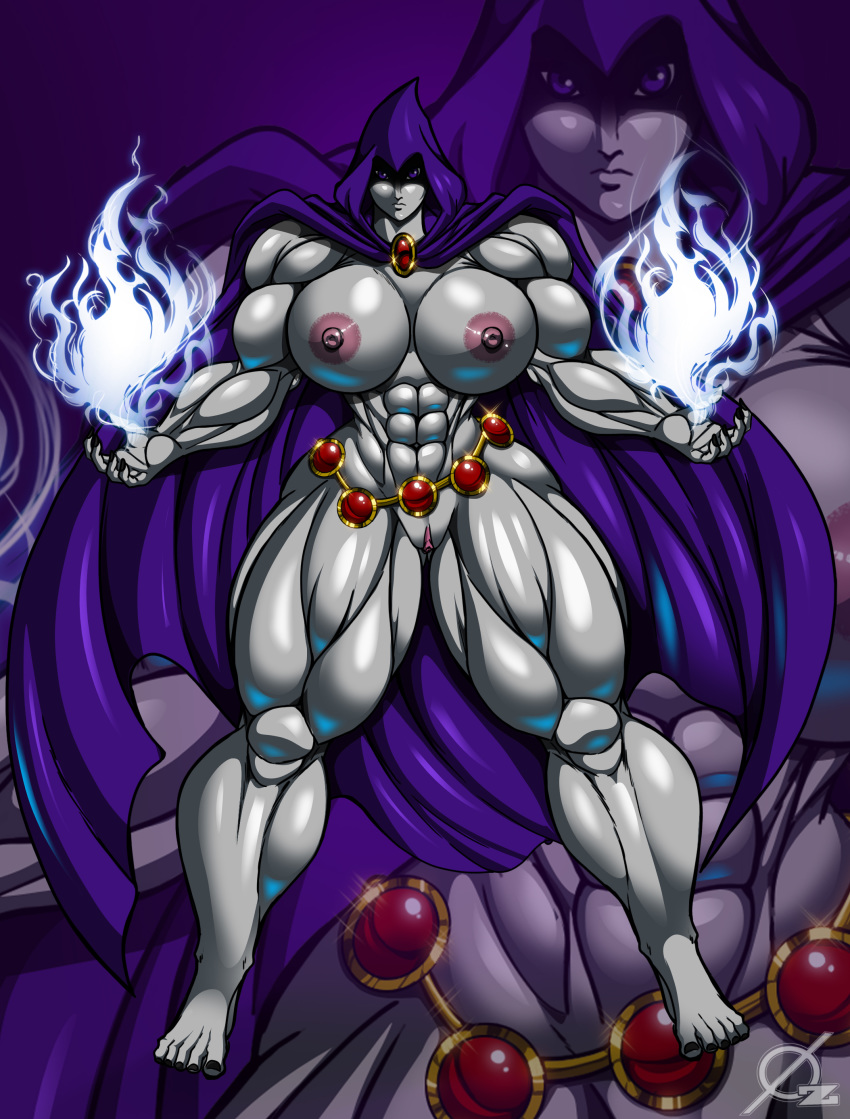 abs areolae barefoot breasts cloak dc dc_comics energy extreme_muscles female fingernails huge_breasts muscle muscular_female nail_polish nipples osmar-shotgun purple_eyes pussy rachel_roth raven_(dc) smooth_skin teen_titans thick_thighs toenails