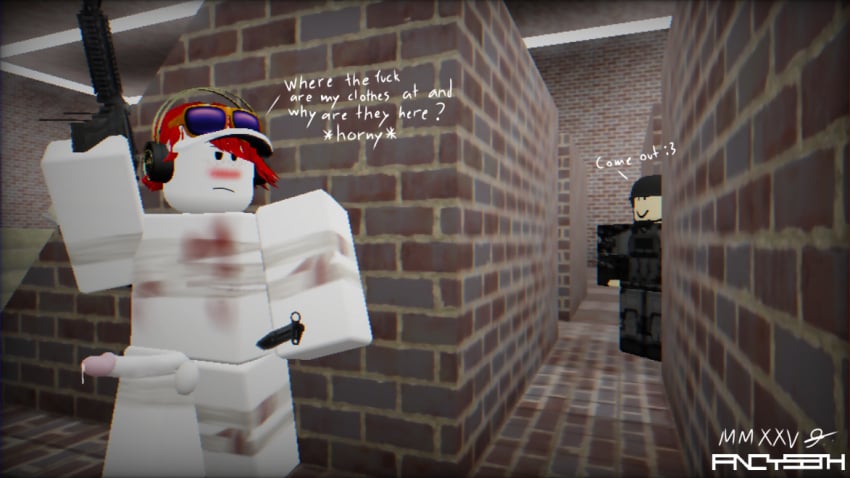 3d assault_rifle bandage bandaged_arm bandaged_chest bandaged_leg bandages blush brick_wall dialogue gun hiding knife m4 male male_only naked penis pink_penis_tip red_hair repost roblox roblox_studio robloxian tactical_gear upscaled