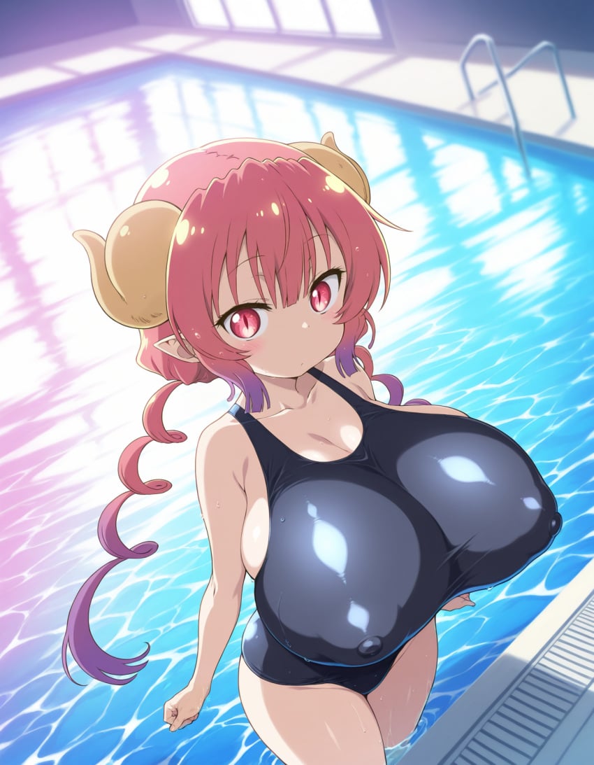 1girls ai_generated bangs breasts covered_nipples fisheye from_above goonedoutp3rv gradient_hair horns huge_breasts ilulu_(dragon_maid) in_water kobayashi-san_chi_no_maidragon looking_at_viewer low_twintails miss_kobayashi's_dragon_maid one-piece_swimsuit pool poolside puffy_nipples red_eyes red_hair shortstack slit_pupils solo swimsuit twintails