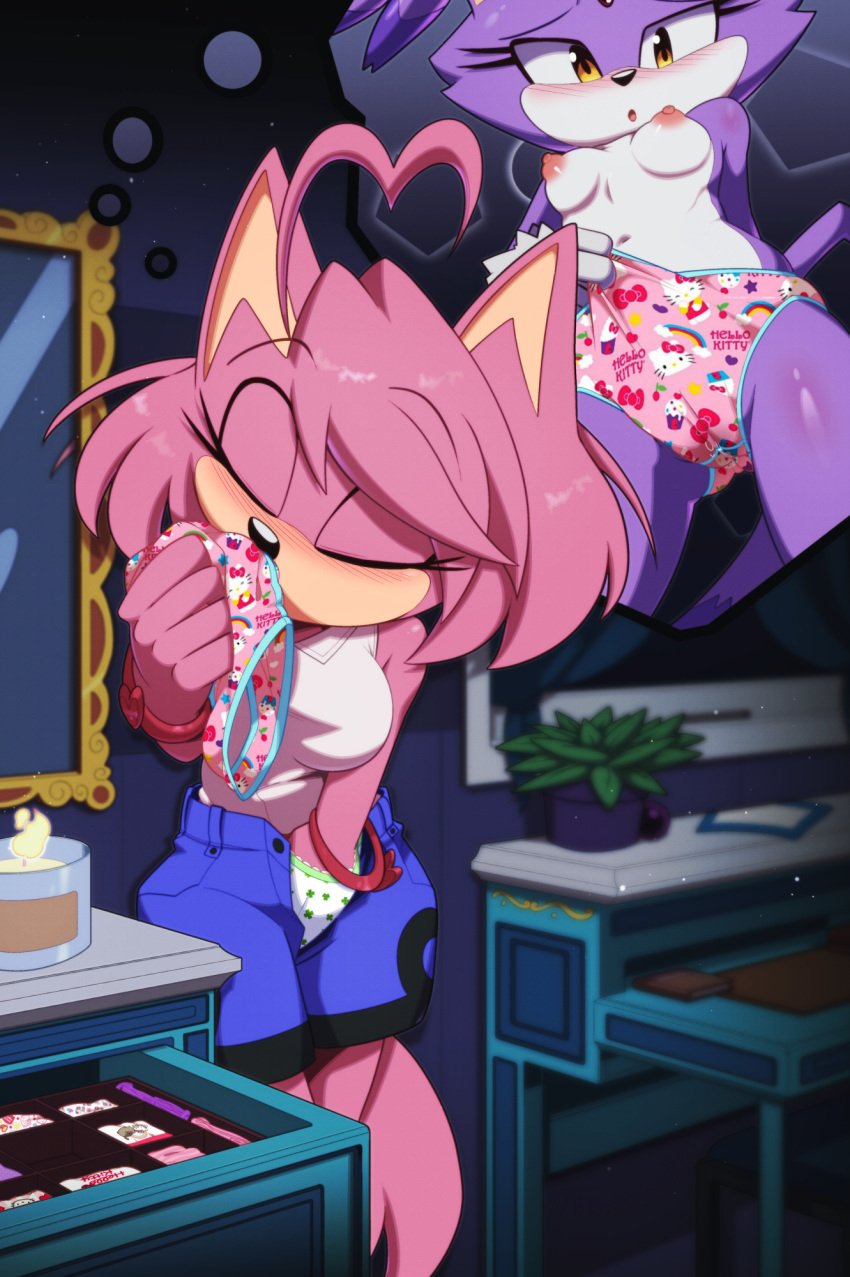 anthro blaze_the_cat blush clothing duo embarrassed euf-dreamer fan_character female hand_in_panties hand_in_underwear hi_res imagination masturbation panties print_clothing print_panties print_underwear sega sniffing sniffing_clothes sonic_(series) sonic_the_hedgehog_(series) underwear underwear_sniffing