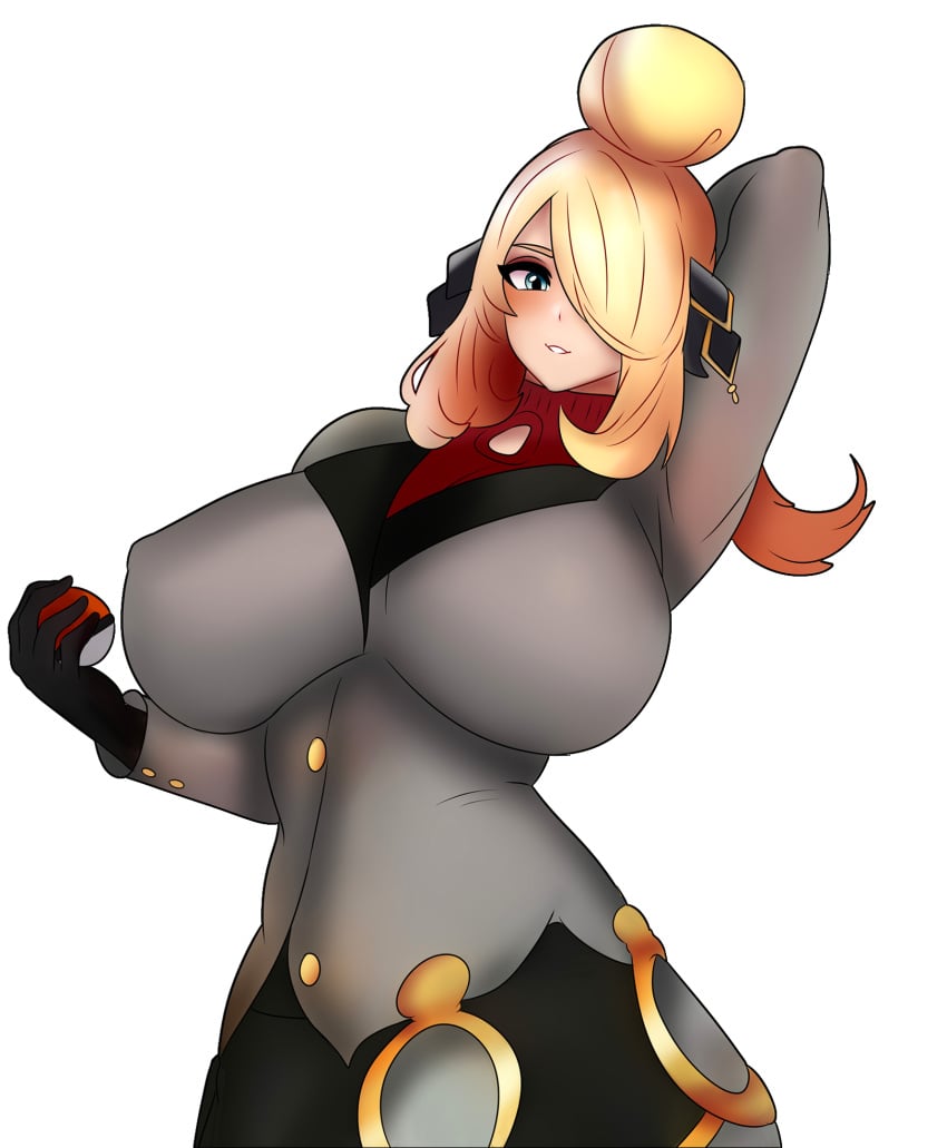 1girls big_ass big_breasts blonde_hair blue_eyes chorquistudios clothed clothed_female cynthia_(pokemon) game_freak gray_clothing huge_ass huge_breasts looking_at_viewer milf pokeball pokemon sygna_suit_cynthia