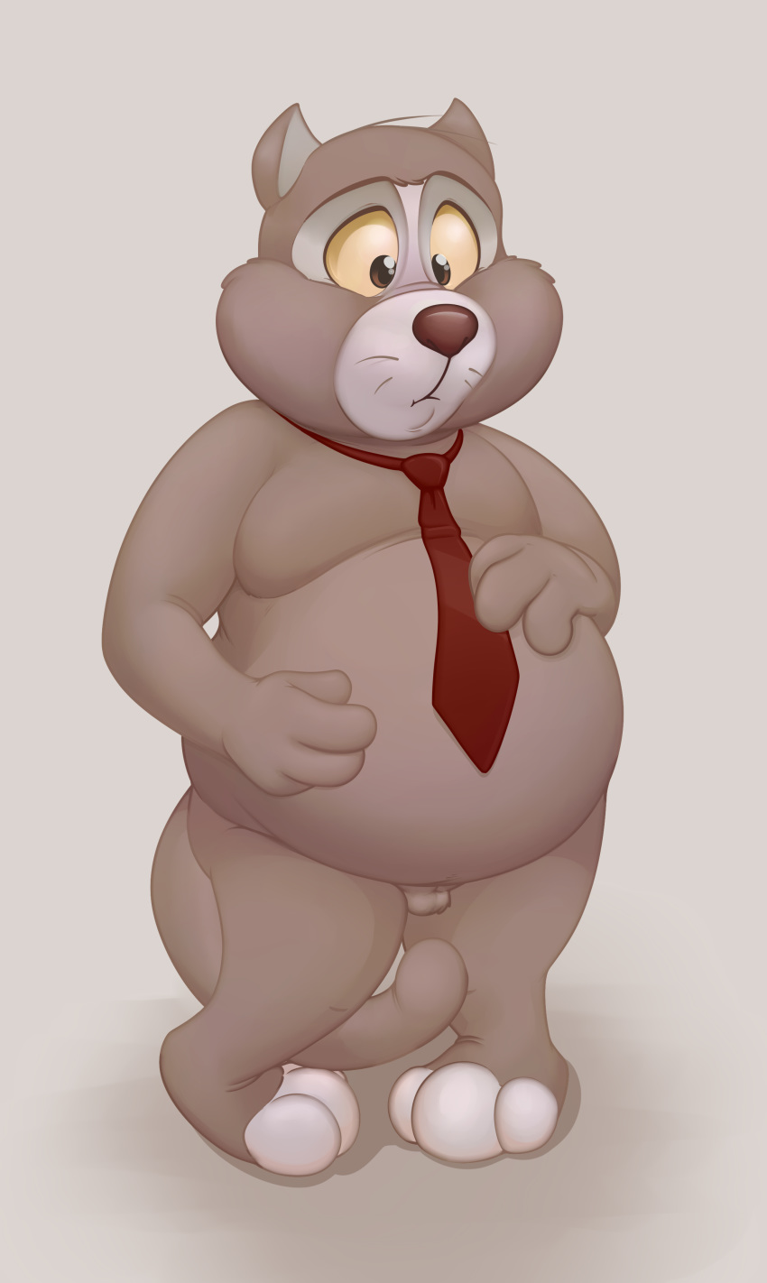 anthro balls belly disney douglas_benson feline front_view male male_only mammal necktie neenya nude obese overweight overweight_male penis simple_background slightly_chubby small_penis solo standing talespin whiskers white_background