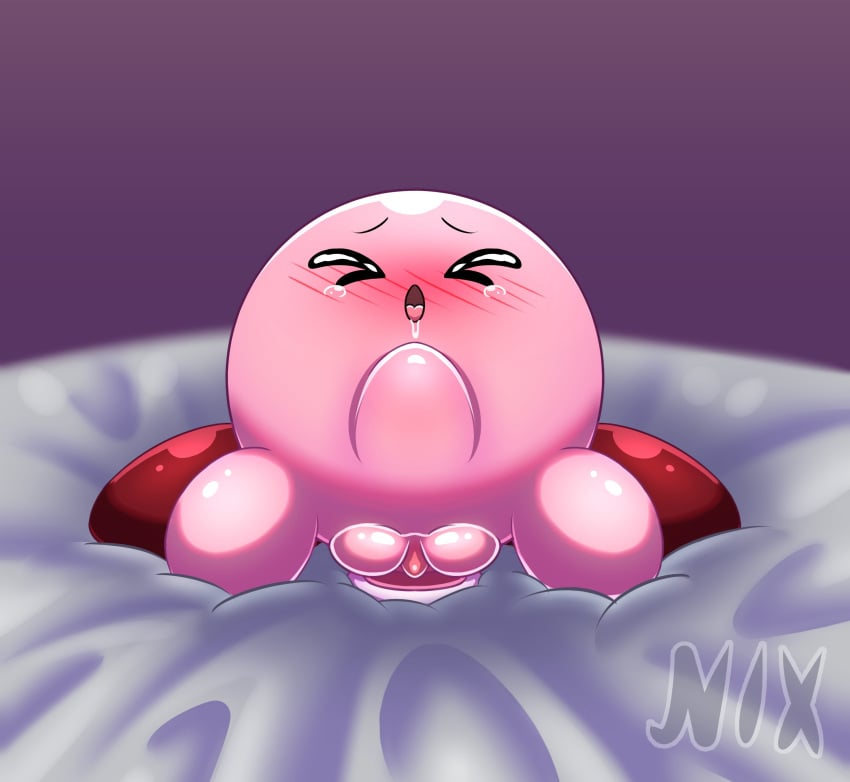 bed_sheets blush clitoris closed_eyes dildo dildo_in_pussy drooling female heart_symbol hi_res kirby kirby_(series) nintendo nixkirb18 open_mouth penetration pink_body pussy red_shoes rule_63 rule_63 saliva sex_toy shaded simple_background solo stomach_bulge tears tongue tongue_out waddling_head