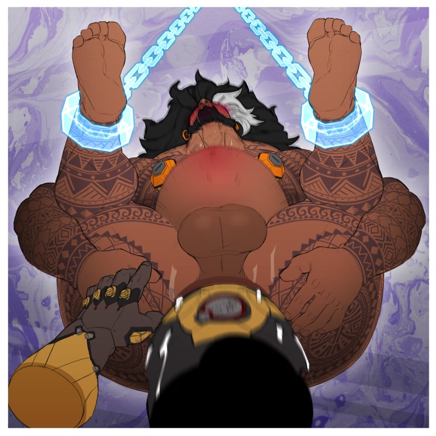 2boys anus ass asshole balls bandana bara beard big_ass big_balls big_butt big_pecs big_penis black_hair blush body_modification chained chained_ankles chains doomfist ear_piercing earrings feet feet_above_head feet_up fingering fist fisting gauntlet gay male male/male mauga nu_nudo_do overwatch overwatch_2 presenting stomach_bulge stretching stretching_anus tattoo tattoo_on_arm tattoo_on_butt tattoo_on_chest tattoo_on_legs tattooed_arm tattoos white_hair_streak yaoi