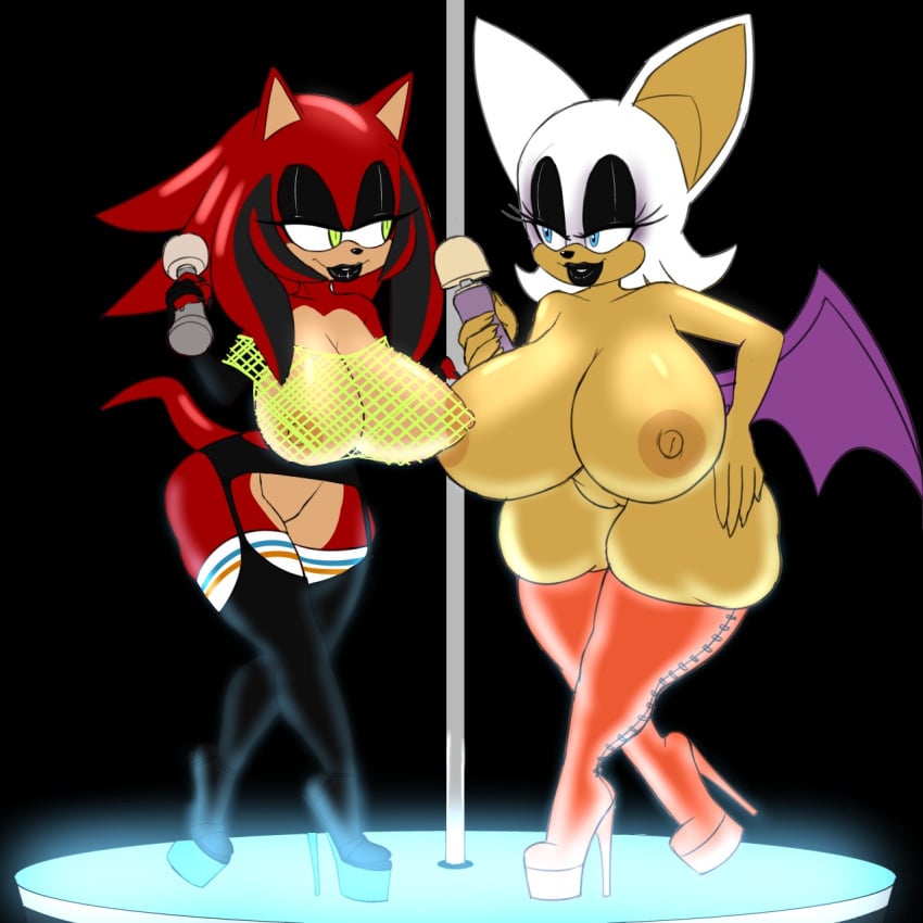 2017 anthro areola bat big_breasts breasts duo erect_nipples eye_contact fan_character female female_only furry hedgehog high_heel_boots high_heels huge_breasts mammal nipples platform_heels pussy ravnic rouge_the_bat smile sonic_(series)