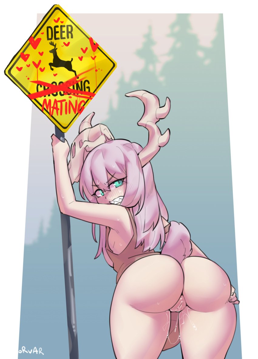 borvar deer deer_girl horns horny horny_female needs_tags original_character presenting_hindquarters pussy pussy_juice sharp_teeth sign tail white_hair