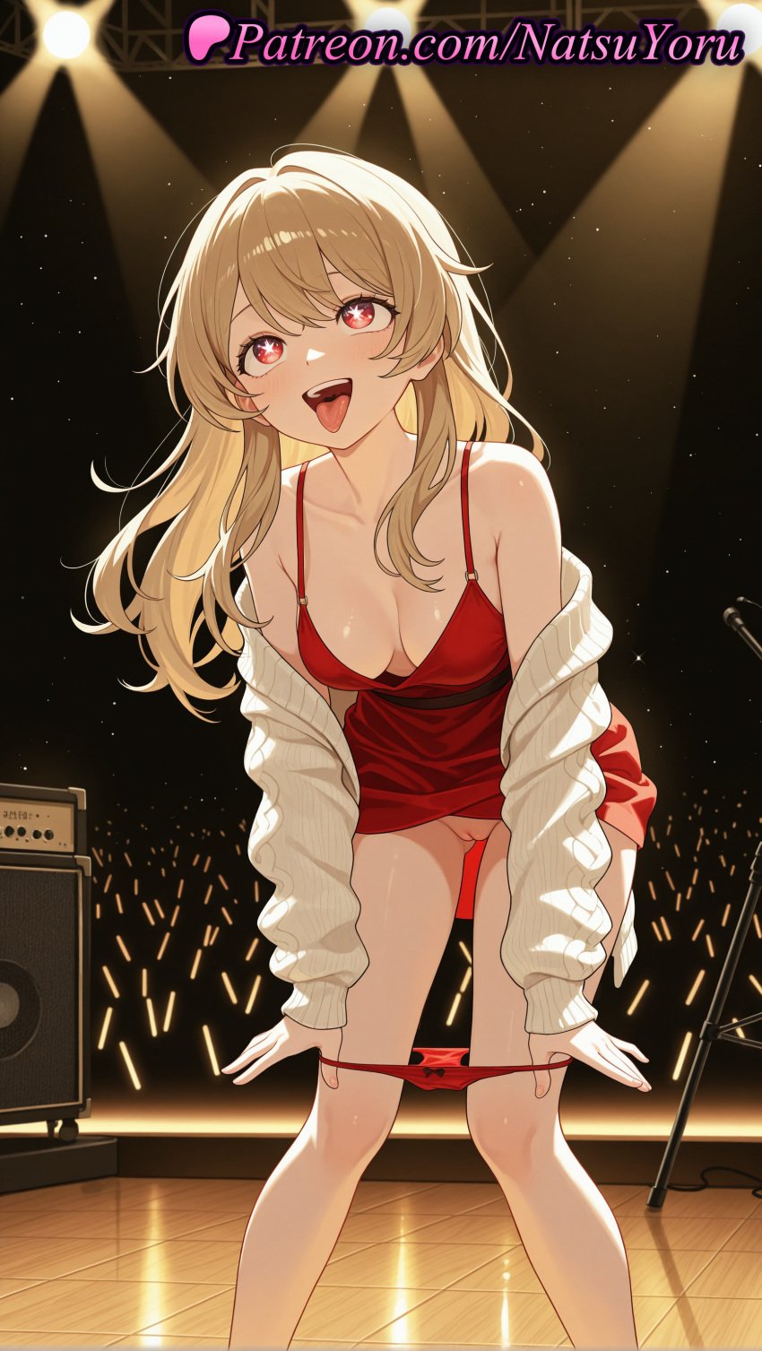 1girls ai_generated anime anime_style artist_name ass_visible_through_thighs audience backlighting bangs bare_shoulders blonde_hair blush bow bow_panties breasts bright_pupils bust busty cardigan cleavage cleft_of_venus clothes_lift collarbone concert crowd dress dress_lift feet_out_of_frame female female_focus female_only glowstick hair_between_eyes heart heart-shaped_pupils hentai hi_res high_quality high_resolution highres indoors labia large_breasts leaning_forward legs legs_apart long_hair long_sleeves looking_at_viewer makeup medium_breasts microphone microphone_stand natsuyoru no_bra off_shoulder open_cardigan open_clothes open_mouth oshi_no_ko panties pantsu panty_pull patreon pulled_by_self pussy pussy_juice red_dress red_eyes red_panties saitou_miyako short_dress sidelocks sleeveless sleeveless_dress smile solo solo_female spaghetti_strap speaker spotlight stage stage_lights standing sweat symbol-shaped_pupils teeth tongue tongue_out uncensored underwear undressing upper_teeth_only vagina voluptuous voluptuous_female white_cardigan