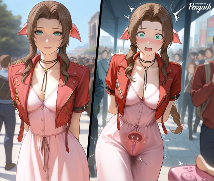 1girls aerith_gainsborough ai_generated blush brown_hair cleavage crowd dress female_focus final_fantasy final_fantasy_vii green_eyes inside_view necklace outside patreon_username penguih public remote_control remote_control_vibrator shocked split_screen twitching uterus vibrator vibrator_in_pussy vibrator_under_clothes x-ray