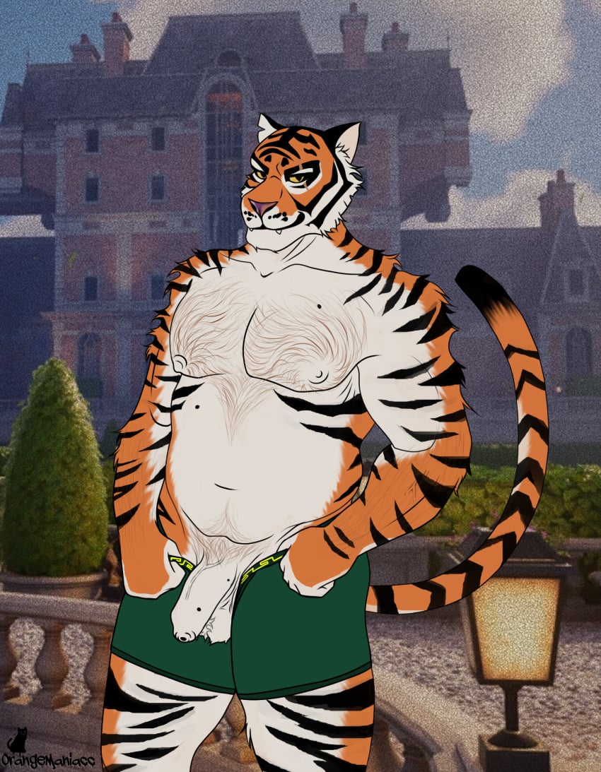 anthro ball_tuft balls belly birthmark body_hair chest_hair epic_games felid flaccid foreskin fortnite genitals hi_res male mammal markings nipples orangemaniacc oscar_(fortnite) pantherine pecs penis pubes slightly_chubby solo stripes tiger tuft unretracted_foreskin vein veiny_penis