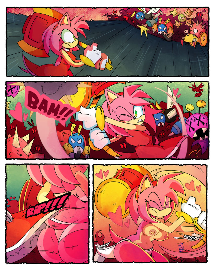 accidental_exposure amy_rose ass badnik breasts breasts clothes_removed clothes_ripped comic_page comic_panel exposed_breasts green_eyes naked panties popfulblue red_dress ripped_clothing sonic_(series) sonic_the_hedgehog_(series) station_square tagme torn_clothes