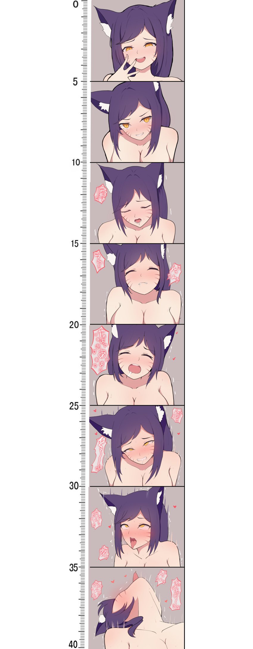 1girls ahe_gao ahri animal_ears large_breasts laughing league_of_legends measuring_penis nude penis_measuring penis_reaction_chart ruler