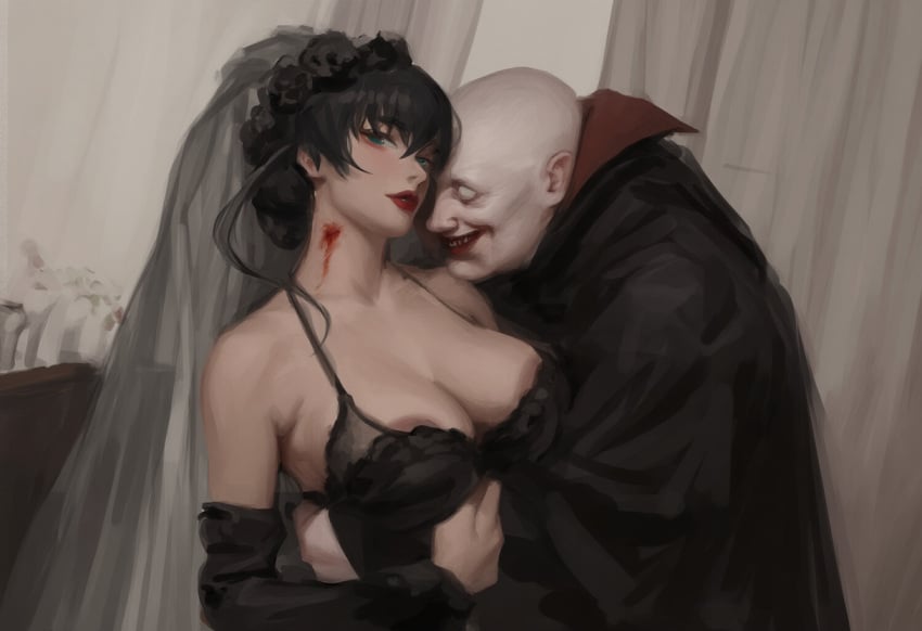 ai_generated areola_slip areolae black_wedding_dress blood hugenipplesguy igawa_asagi large_breasts vampire wedding_dress wedding_veil