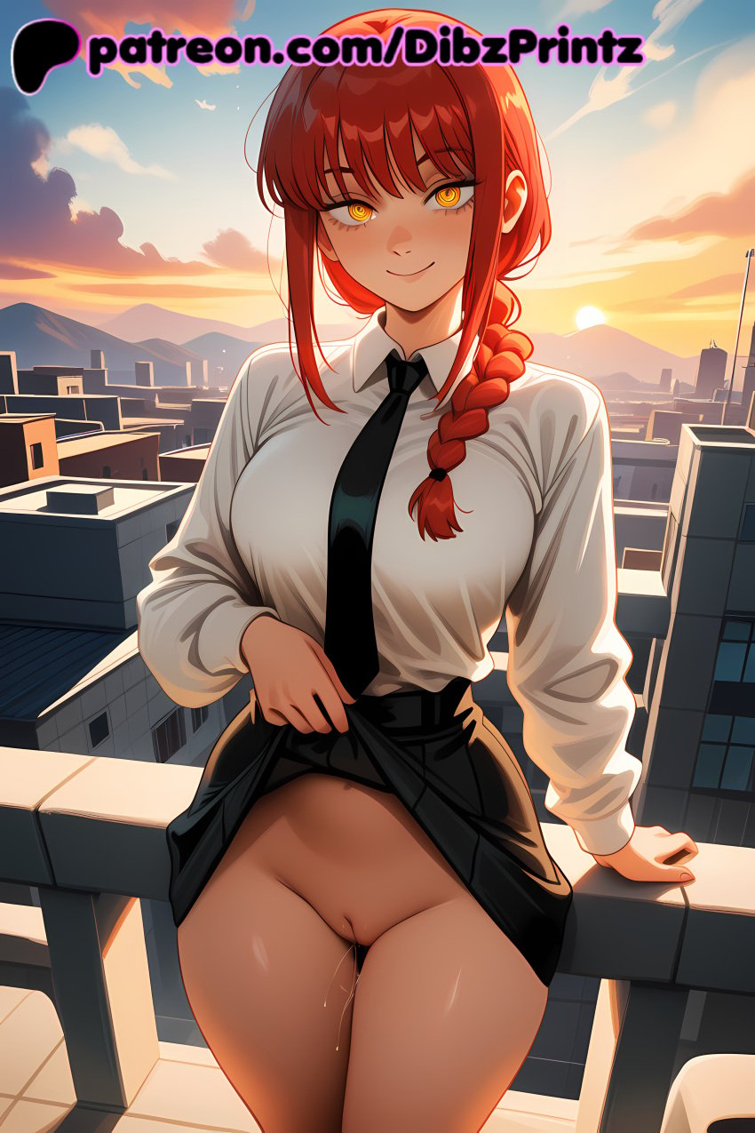 ai ai_assisted ai_generated anime artist_name balcony black_skirt black_tie chainsaw_man cityscape dibzprintz hi_res high_quality high_resolution highres looking_at_viewer makima_(chainsaw_man) no_panties patreon pussy pussy_juice red_hair ringed_eyes skirt skirt_lift smile standing sunset tie watermark white_shirt yellow_eyes