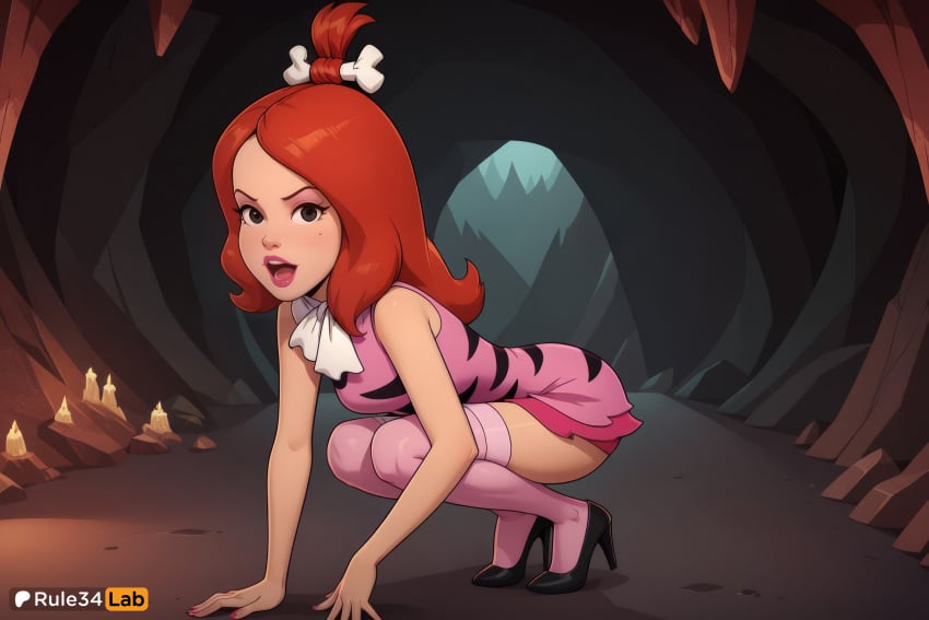 , 1girls ai_generated all_fours artist_name ascot bare_arms bare_shoulders black_eyes black_footwear breasts cave dress full_body hanna-barbera hi_res high_heels lips lipstick long_hair looking_at_viewer makeup mole mole_under_eye nail_polish open_mouth pebbles_flintstone pink_dress pink_thighhighs red_hair rule34lab short_dress sleeveless sleeveless_dress solo squatting the_flintstones the_pebbles_and_bamm-bamm_show thighhighs