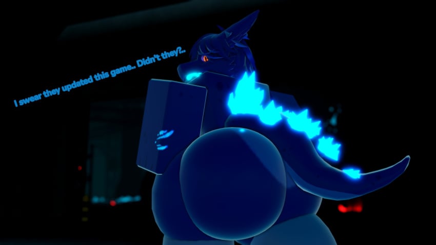 2024 3d ass big_butt blue_fur blue_scales english_text furry huge_butt kahrin_(artist) kaiju_(kaiju_paradise) kaiju_paradise male rear_view reptilian roblox roblox_game scalie solo tagme text