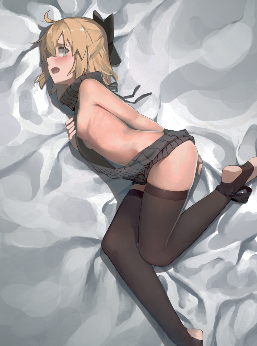 alternate_costume arm_behind_back backless backless_outfit bare_arms barefoot bed_sheet black_bow black_panties black_sweater black_underwear blonde_hair blush bow breasts brown_legwear color covering drawstring embarrassed fate_(series) feet female female_only hair_ornament hairbow hand_on_breast hand_on_own_chest highres looking_at_viewer looking_up lying medium_breasts meme_attire naked_sweater on_side open_mouth panties panties_around_one_leg qiongsheng ribbed_sweater sakura_saber shiny shiny_hair short_hair sideways_mouth sleeveless sleeveless_turtleneck solo stomach sweater thighhighs toeless_legwear turtleneck turtleneck_sweater underboob underwear viewed_from_above virgin_killer_sweater yellow_eyes