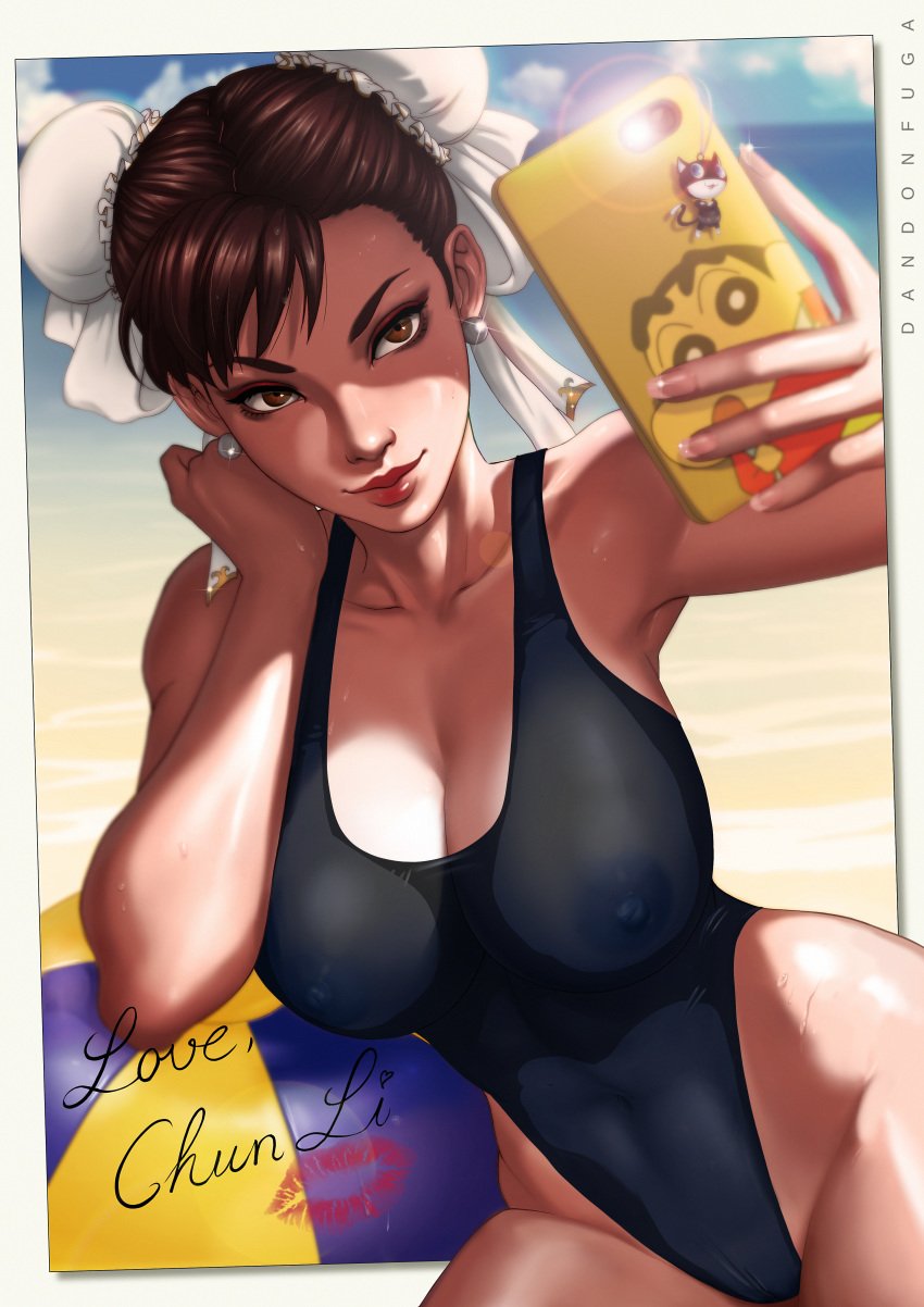 1girls absurdres areolae beach beach_ball big_breasts breasts brown_eyes brown_hair bun_cover cameltoe capcom character_name chun-li cleavage clouds crayon_shin-chan curvy dandon_fuga double_bun earrings female female_only hair_bun highleg highleg_swimsuit highres huge_breasts kiss_mark large_breasts lipstick megami_tensei morgana_(persona) nipples one-piece_swimsuit outdoors persona persona_5 see-through selfie shinnosuke_nohara short_hair smartphone smile solo street_fighter sweat swimsuit text toned