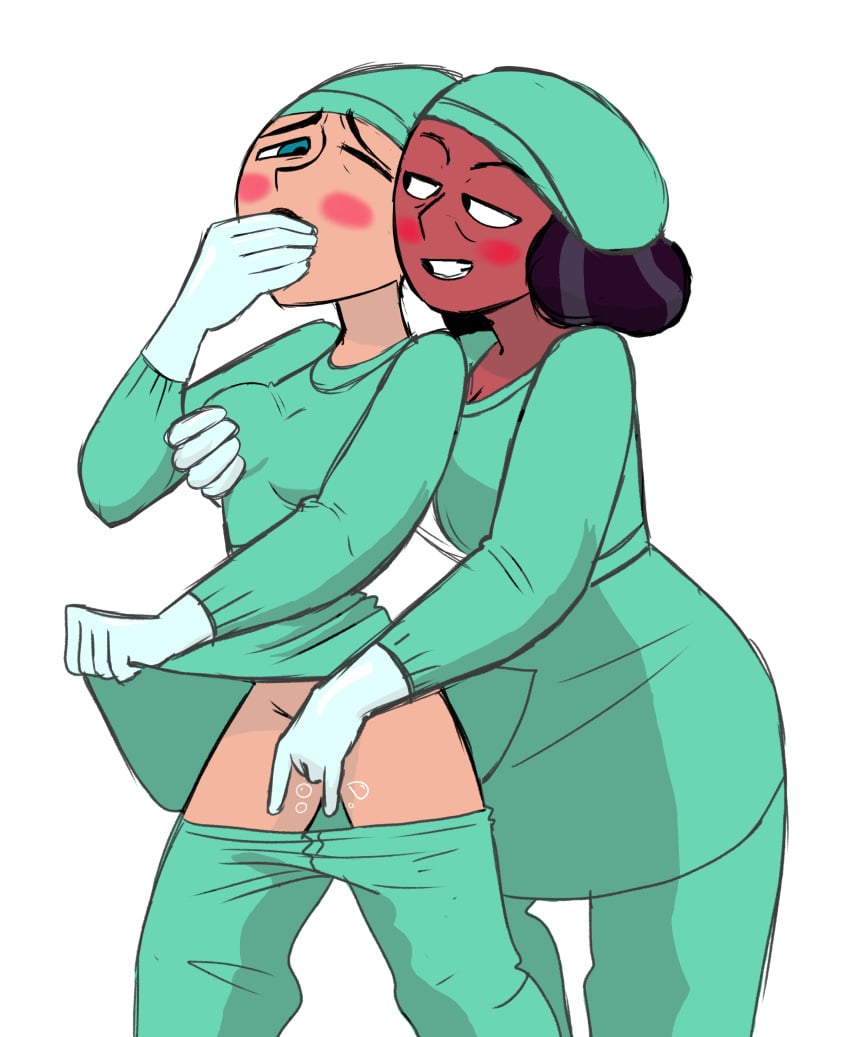 ann_possible blush doctor drpizzaboi1 fingering gloves grabbing_from_behind groping_breast hand_on_mouth handgag kim_possible latex_gloves lifting_shirt no_panties nurse pants_down priyanka_maheswaran reach_around scrubs steven_universe surgeon tagme transparent_background yuri