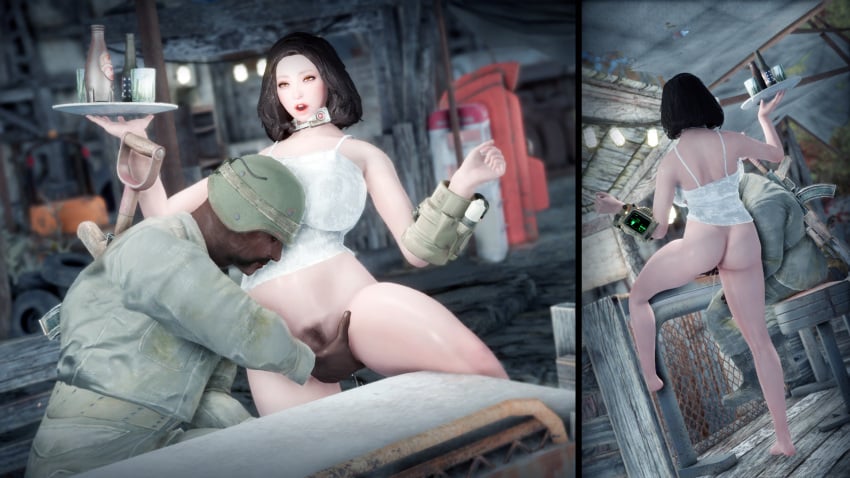 3d barmaid bethesda_softworks bomb_collar emotrashcan fallout groping groping_pussy pussy_juice slave_collar touching_pussy vault_dweller