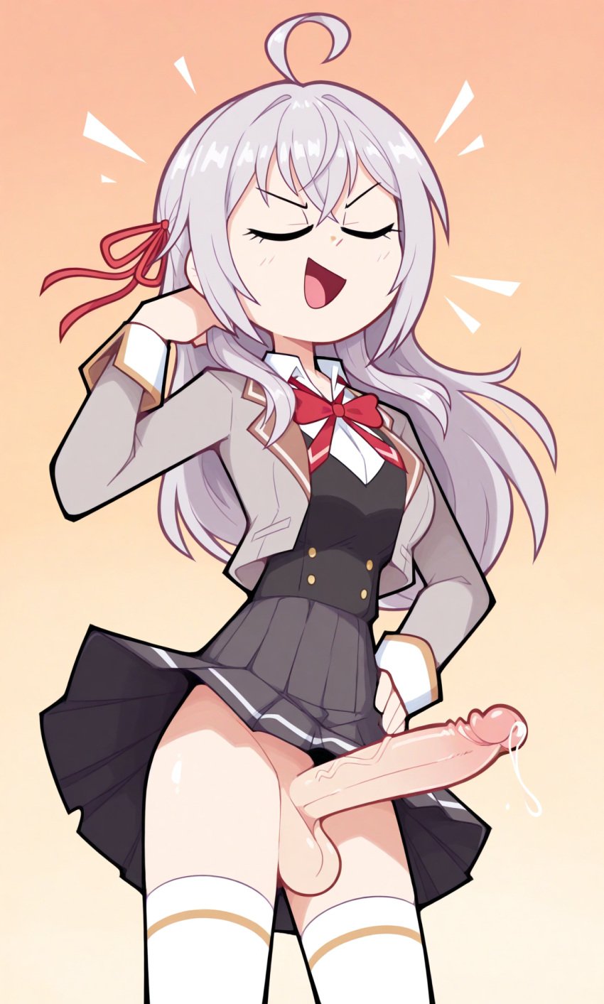 ahoge ai_generated alisa_mikhailovna_kujou antenna_hair erection futa_only futanari grey_hair hair_ribbon high_school_student legwear long_hair open_mouth penis pleated_skirt precum red_ribbon school_uniform schoolgirl skirt smug solo solo_futa stockings testicles thighhighs tokidoki_bosotto_russian_de_dereru_tonari_no_alya-san v-shaped_eyes veiny_penis white_legwear white_stockings white_thighhighs wind wind_lift